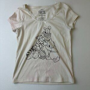Disney Winnie the Pooh Shirt Womens Small White Lace Trim Cartoon Graphic Tee